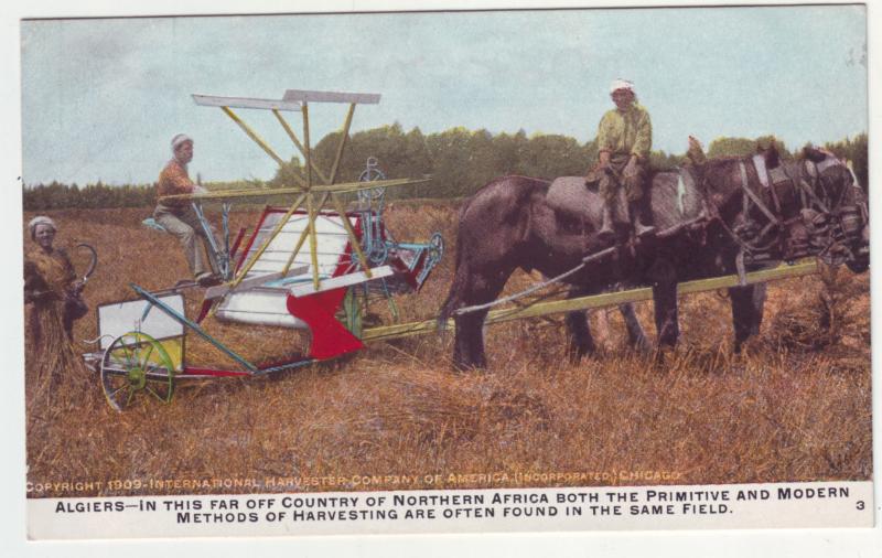P1110  old card unused algiers american harvester farming machine, fields horses