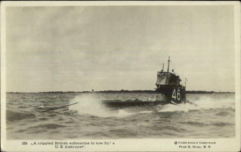 Crippled British Sub Submarine #46 Towed by US Destroyer Real Photo Postcard