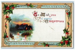 1912 Merry Christmas House Holly Berries Embossed Maple Lake Buffalo MN Postcard