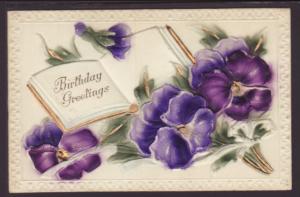 Birthday Greetings,Pansies,Book,Embossed Postcard