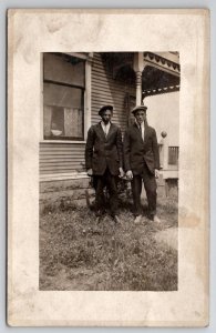 RPPC Two Handsome Young Men Newsboy Caps Suits Porch Real Photo Postcard V25