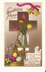 Cross, flowers in vase, Easter message Old vintage English Easter Postcard