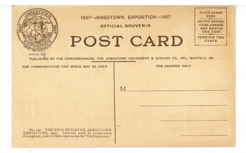 VA - Jamestown. 1907 Jamestown Exposition, Virginia Building