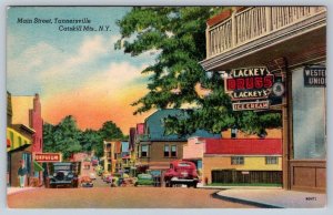 Main Street, Tannersville, Catskill Mts. NY Postcard, Phone Sign, Lackey Drugs