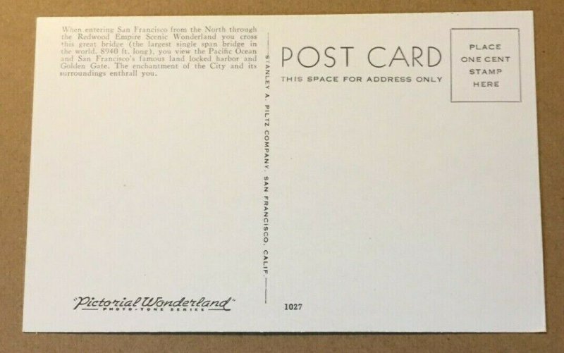 VINTAGE UNUSED .01 PHOTO TONE POSTCARD GOLDEN GATE BRIDGE SAN FRANCISCO CAL.