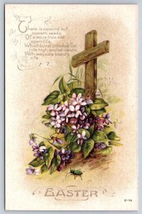 Cross, Clematis, Beetle, Poem, Antique Embossed Easter Greetings Postcard