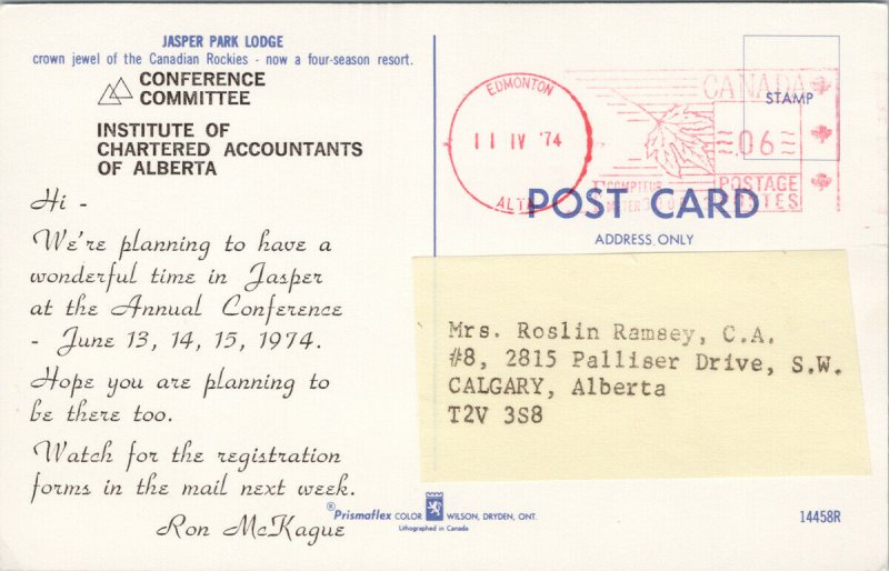 Jasper Park Lodge AB from Institute of Chartered Accountants 1974 Postcard G7