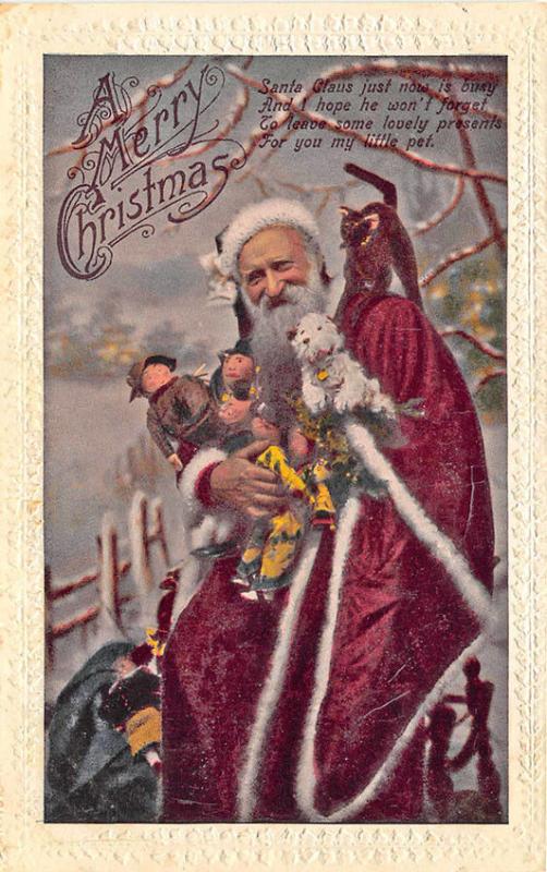Christmas Santa Claus Red Robed Black Cat Toys Poem Postcard
