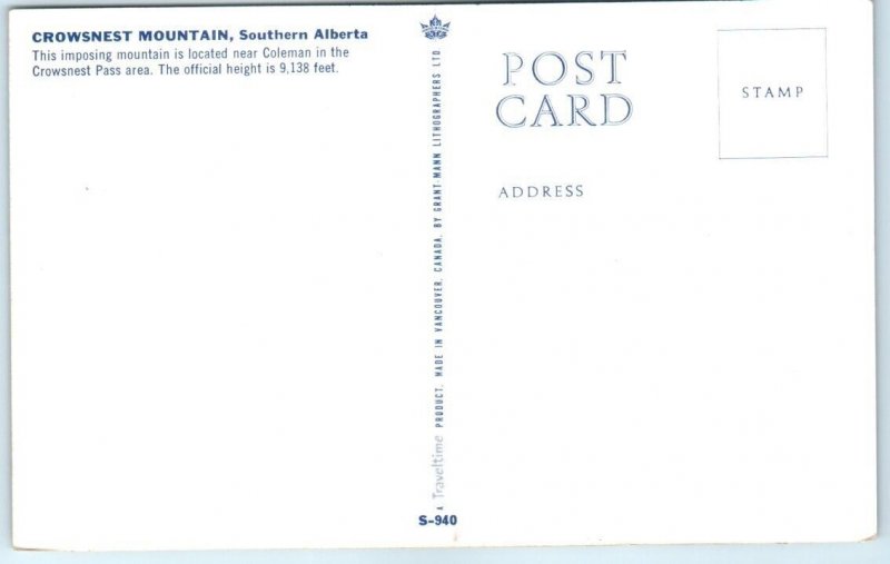 Postcard - Crowsnest Mountain - Canada