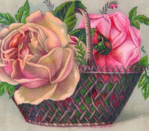 1880s Embossed Victorian Cards Lovely Roses In Wicker Baskets Lot Of 2 #6Z