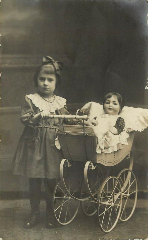 c1918 RPPC; Little Girl w/ Beautiful Doll in Fancy Doll Carriage Dresden Germany