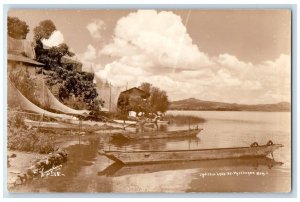 c1940's Lake Boat Mountain View Patzcuaro Mexico RPPC Photo Unposted Postcard