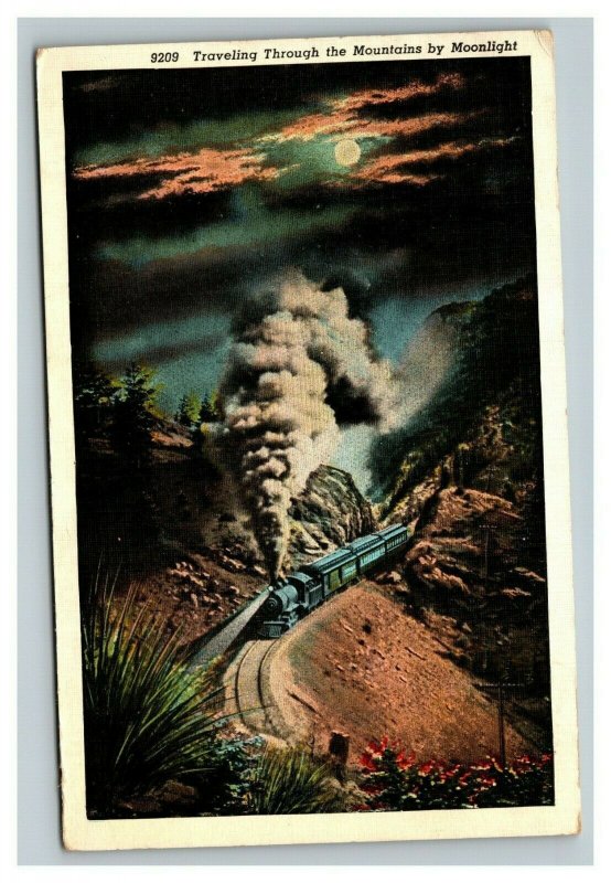 Vintage 1939 Postcard Passenger Train Locomotive Traveling by Moonlight