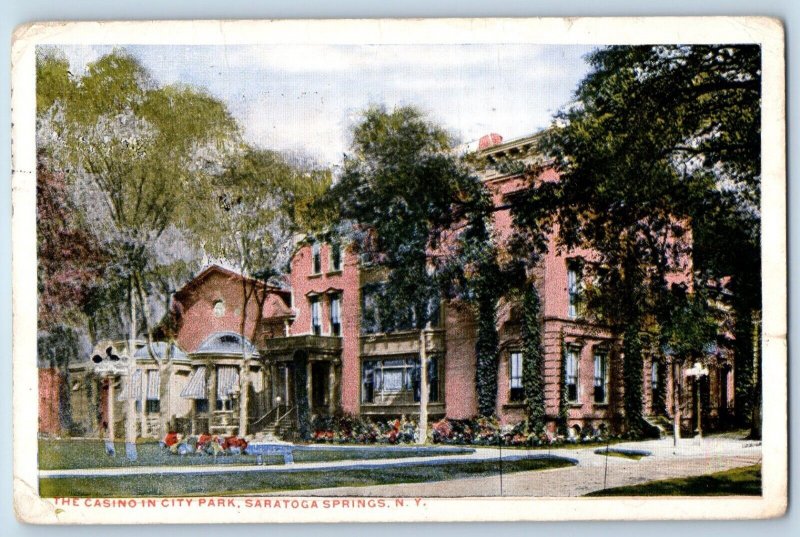 Saratoga Springs New York Postcard Casino City Park Building Trees 1916 Antique