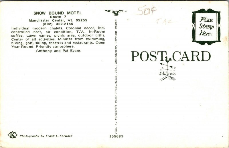 Snow Bound Motel Manchester Center Vermont VT VTG Postcard UNP Unused