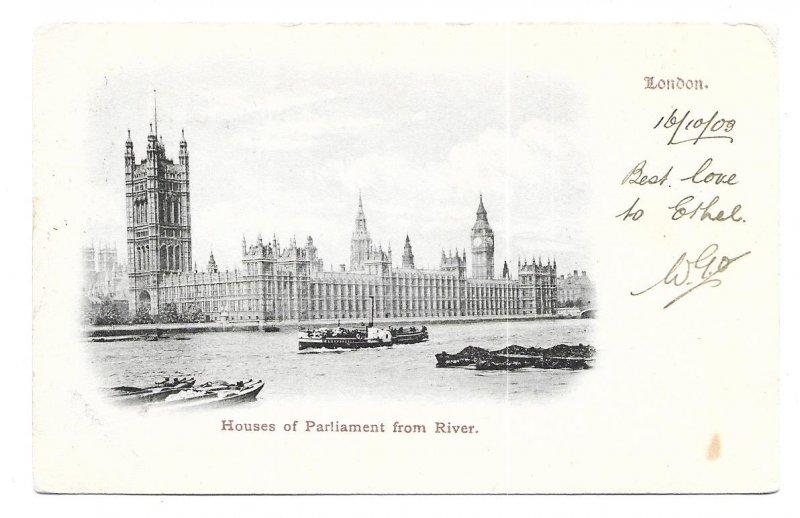 London to Upper Teddington, England 1903 Post Card Houses of Parliament, Perfin