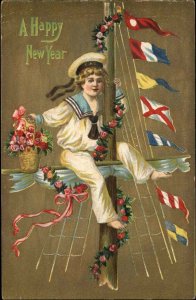 New Year's Sailor Boy Barefoot on Ship Staff Flags Gilt Embossed 1900s-20s PC
