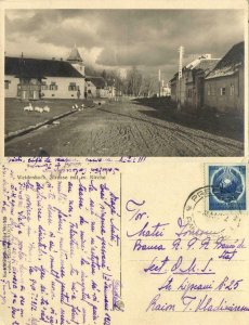 romania, GHIMBAV WEIDENBACH, Street with Protestant Church (1952) RPPC Postcard