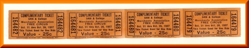 Four 54th & College 1957 Circus Tickets, Indianapolis, Indiana/IN (?)