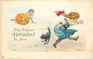 Halloween, Girl with Black Cat On Leash, Boy Behind Jol, Stecher 339 D