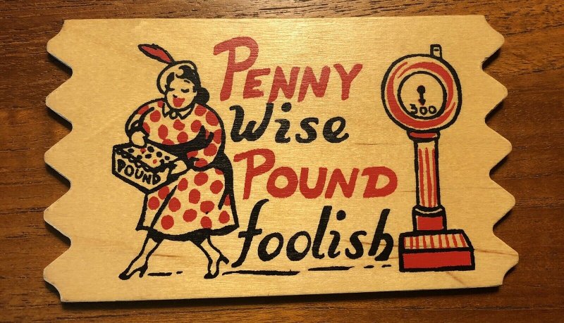 Vintage Wood Postcard Saw Tooth Beach Woman - PENNY WISE POUND FOOLISH  