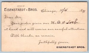 1891 EISENSTAEDT BROTHERS CHICAGO ILLINOIS FOOTBALL CANCELLATION 3x5 POSTCARD