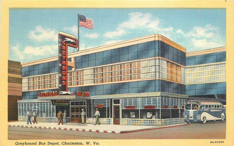 Bus Charleston West Virginia Greyhound Bus Depot 1940s Flag Teich postcard 1264