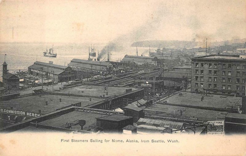 FIRST STEAMERS SAILING FOR NOME ALASKA FROM SEATTLE WASHINGTON POSTCARD (c.1905)