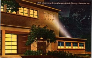 Linen Postcard Night Time Scene Roanoke Public Library in Roanoke, Virginia