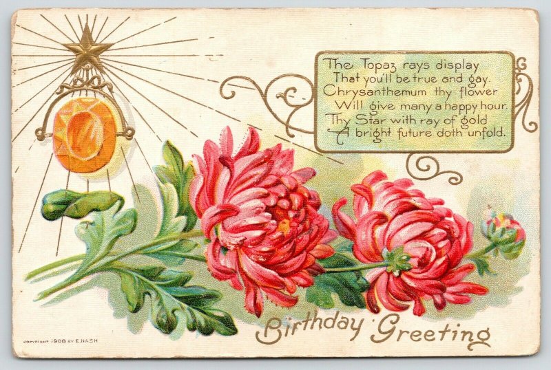 November Birthstone~Topaz Gem~Pink Chrysanthemum~Gold Leaf Emboss~1908 E NASH