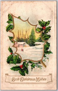 Best Christmas Wishes Holy Leaf Snow Village Landscape Greetings Postcard