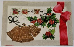 Xmas Greeting Pretty Golden Bells And Hollyberry Christmas Postcard E14