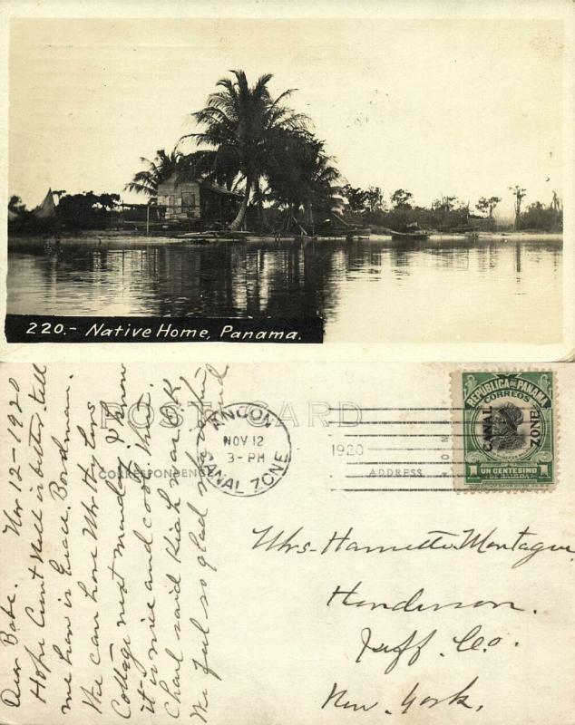 panama, CANAL ZONE, Ancon, Native Home, Boats and Fishing Nets (1920) RPPC Stamp