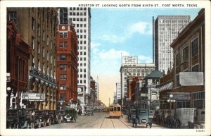 Fort Worth Texas TX Street Scene Trolley Cars 1910s-30s Postcard