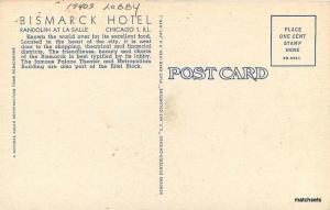 1940s Lobby Bismarck Hotel  Interior Chicago Illinois Teich postcard 7663 