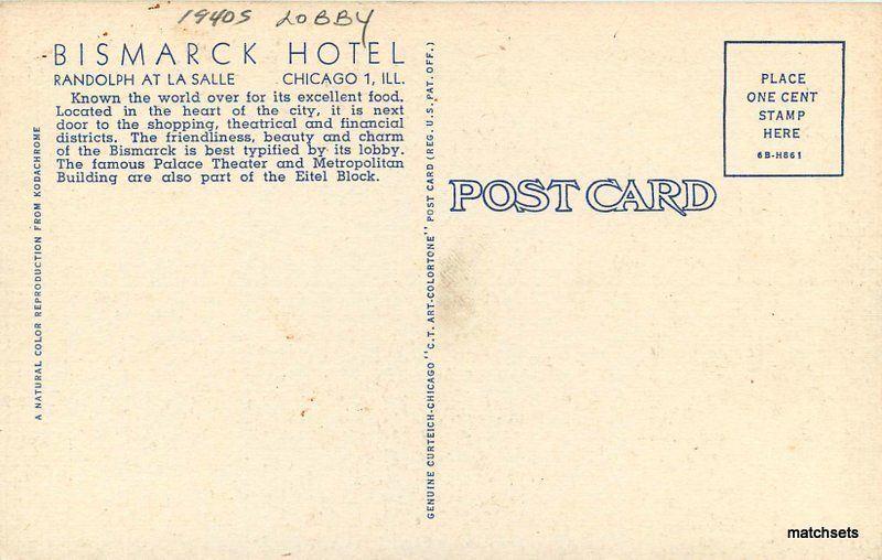 1940s Lobby Bismarck Hotel  Interior Chicago Illinois Teich postcard 7663 