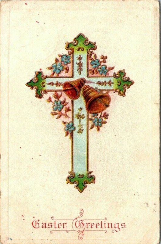 Vintage Postcard Easter Greetings Cross Bells Flowers 1908 Iowa Germany 1411