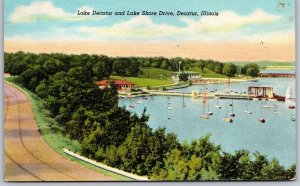 Vtg Illinois IL Lake Decatur and Lake Shore Drive 1950s View Old Postcard