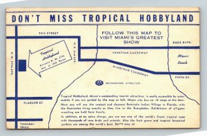 Miami FL, Tropical Hobbyland Tourist Attraction Map Florida Linen c1950 Postcard