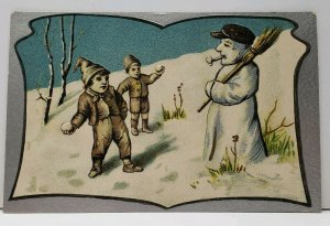 Unique Snowman Mans Face Children with Snowballs Silvertone Embossed Postcard G2