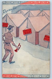 c1910's US Army Soldier Camp Tent Reveille With Trumpet WWII Antique Postcard