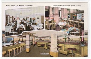 Hotel Savoy Interiors Bar Coffee Shop Dining Room Los Angeles CA postcard