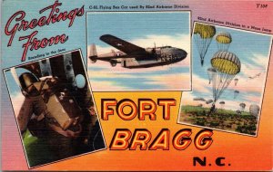 Linen Postcard Greetings from Fort Bragg, North Carolina Airborne Division