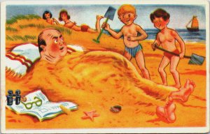 Children Bury A Men, Fun At The Beach Vintage Postcard C187