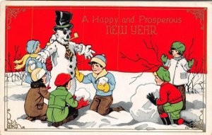 NEW YEAR HOLIDAY CHILDREN & SNOWMAN EMBOSSED POSTCARD (c. 1910)