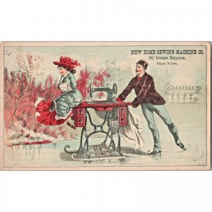 NEW HOME Sewing Machine Co - New York - Man Lady Skating - Victorian Trade Card