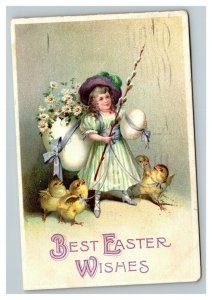 Vintage 1910 International Art Easter Postcard Cute Girl Giant Chicks & Eggs