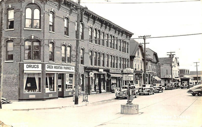 Morrisville VT Portland St. Drug Store Grand Union Storefronts Old Cars RPPC