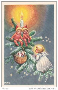 Artist Signed, Marie, Elves & angel on pine branch, Lit candle & basketful of...