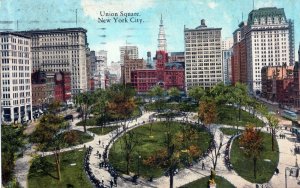 VTG 1920s Union Square New York City NY Park Birds Eye Postcard